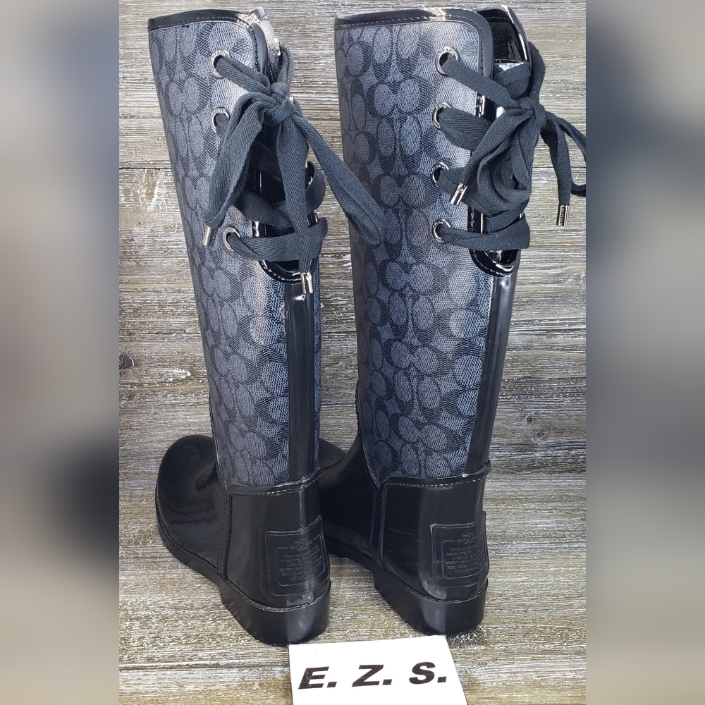 COACH Black Jacquard Rubber Rain Boots Women Size 7 - Picture 2 of 8